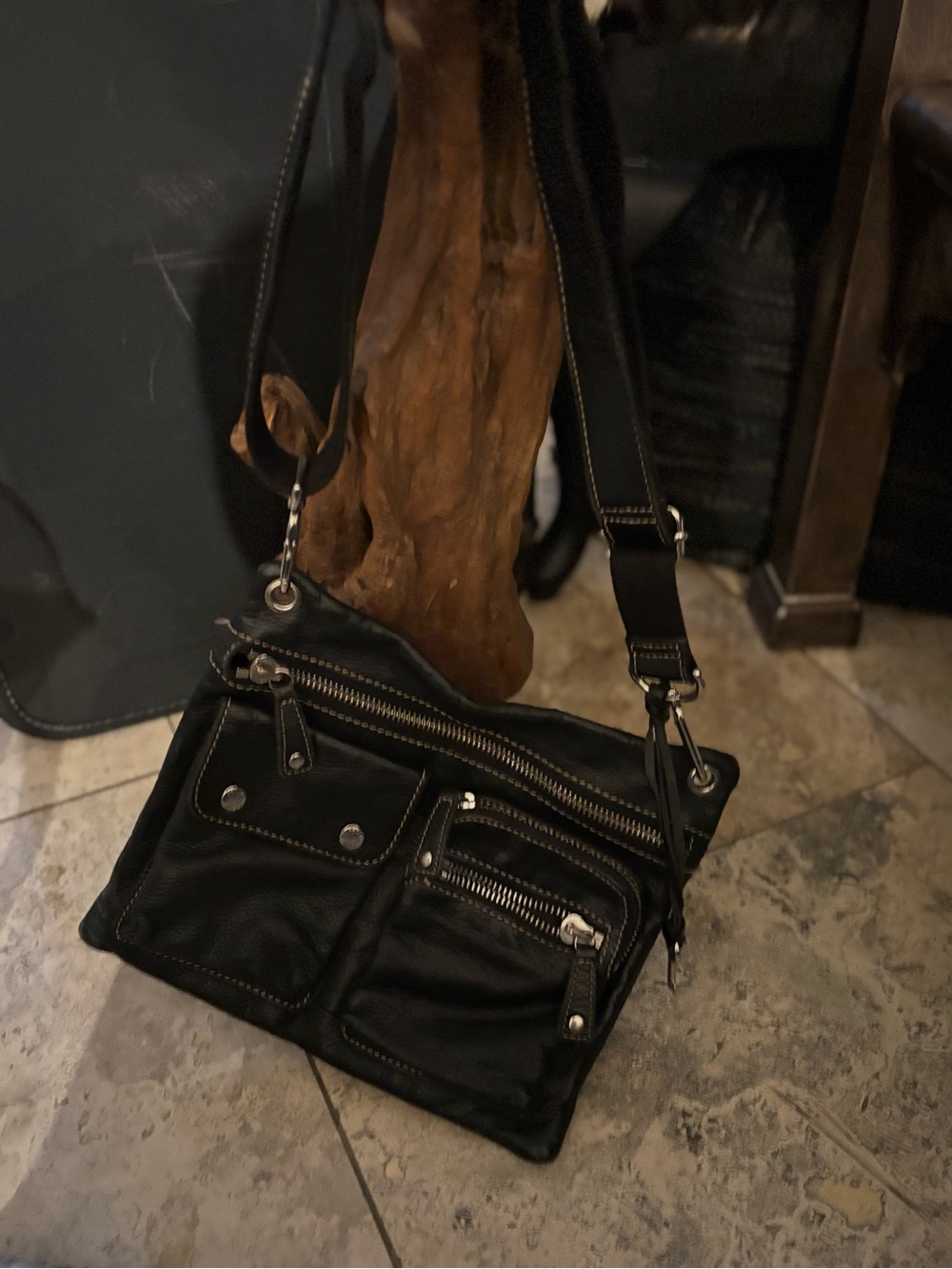 Fossil Black Leather Multi-Zip Crossbody